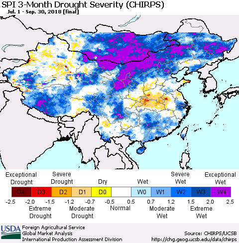 China, Mongolia and Taiwan SPI 3-Month Drought Severity (CHIRPS) Thematic Map For 7/1/2018 - 9/30/2018