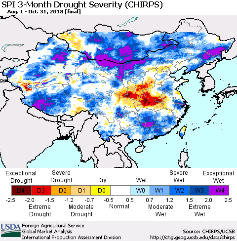 China, Mongolia and Taiwan SPI 3-Month Drought Severity (CHIRPS) Thematic Map For 8/1/2018 - 10/31/2018