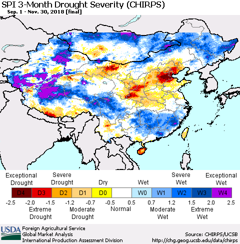China and Taiwan SPI 3-Month Drought Severity (CHIRPS) Thematic Map For 9/1/2018 - 11/30/2018