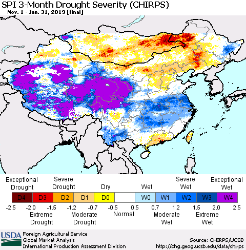 China and Taiwan SPI 3-Month Drought Severity (CHIRPS) Thematic Map For 11/1/2018 - 1/31/2019