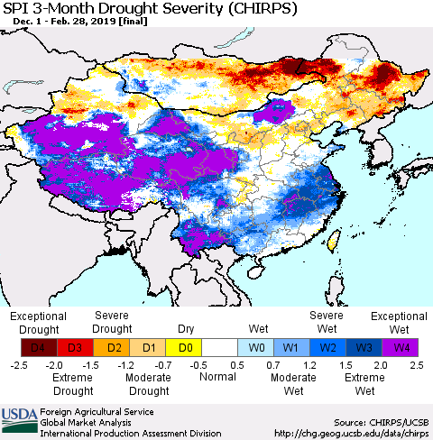 China and Taiwan SPI 3-Month Drought Severity (CHIRPS) Thematic Map For 12/1/2018 - 2/28/2019