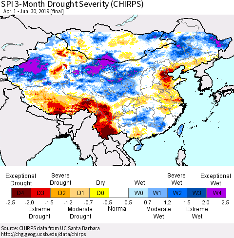 China and Taiwan SPI 3-Month Drought Severity (CHIRPS) Thematic Map For 4/1/2019 - 6/30/2019