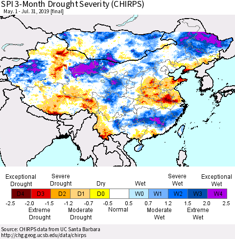 China, Mongolia and Taiwan SPI 3-Month Drought Severity (CHIRPS) Thematic Map For 5/1/2019 - 7/31/2019