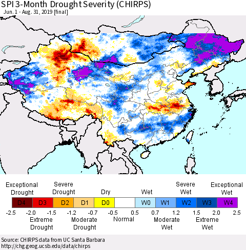 China and Taiwan SPI 3-Month Drought Severity (CHIRPS) Thematic Map For 6/1/2019 - 8/31/2019