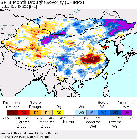 China and Taiwan SPI 3-Month Drought Severity (CHIRPS) Thematic Map For 7/1/2019 - 9/30/2019