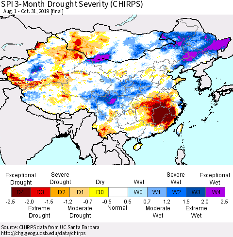 China and Taiwan SPI 3-Month Drought Severity (CHIRPS) Thematic Map For 8/1/2019 - 10/31/2019