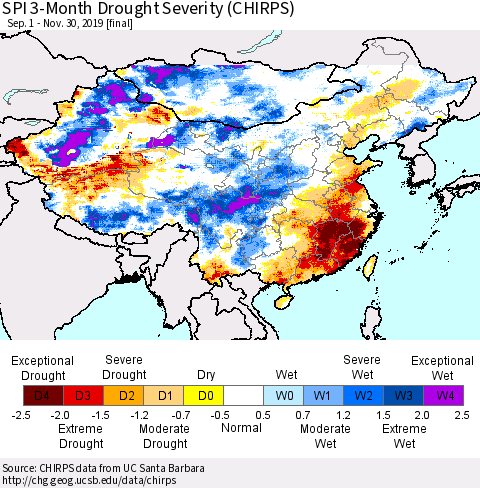 China and Taiwan SPI 3-Month Drought Severity (CHIRPS) Thematic Map For 9/1/2019 - 11/30/2019