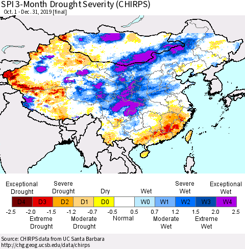 China and Taiwan SPI 3-Month Drought Severity (CHIRPS) Thematic Map For 10/1/2019 - 12/31/2019