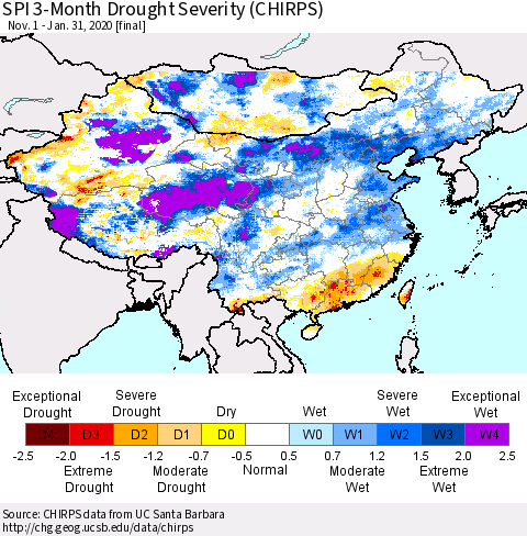 China, Mongolia and Taiwan SPI 3-Month Drought Severity (CHIRPS) Thematic Map For 11/1/2019 - 1/31/2020