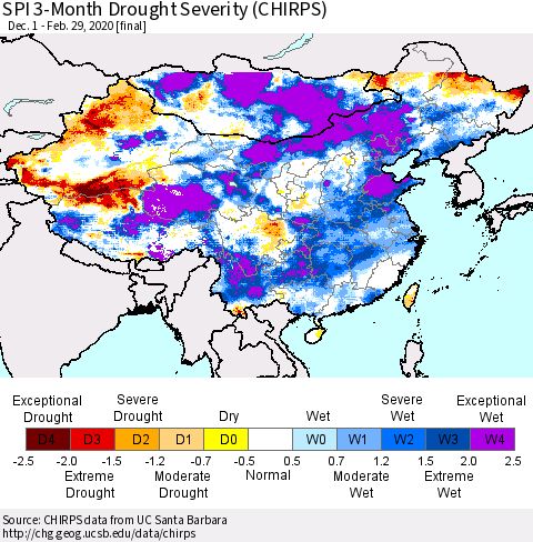 China, Mongolia and Taiwan SPI 3-Month Drought Severity (CHIRPS) Thematic Map For 12/1/2019 - 2/29/2020