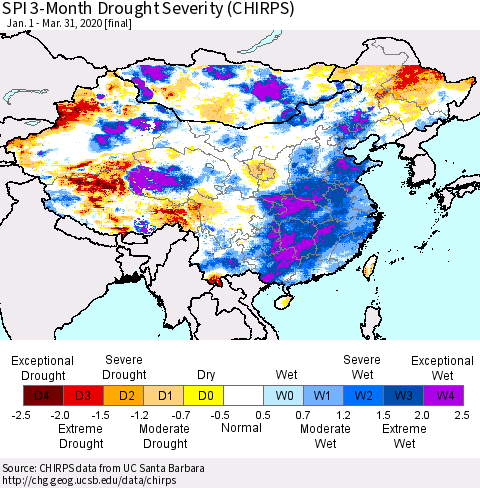China, Mongolia and Taiwan SPI 3-Month Drought Severity (CHIRPS) Thematic Map For 1/1/2020 - 3/31/2020