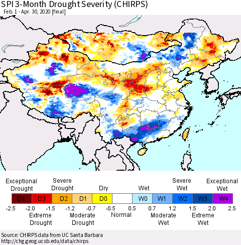 China, Mongolia and Taiwan SPI 3-Month Drought Severity (CHIRPS) Thematic Map For 2/1/2020 - 4/30/2020