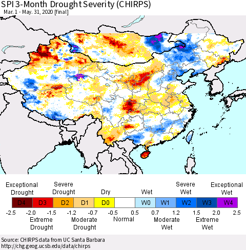 China, Mongolia and Taiwan SPI 3-Month Drought Severity (CHIRPS) Thematic Map For 3/1/2020 - 5/31/2020