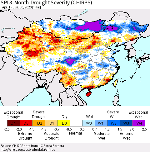China, Mongolia and Taiwan SPI 3-Month Drought Severity (CHIRPS) Thematic Map For 4/1/2020 - 6/30/2020