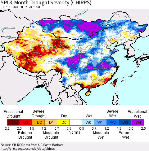 China, Mongolia and Taiwan SPI 3-Month Drought Severity (CHIRPS) Thematic Map For 6/1/2020 - 8/31/2020