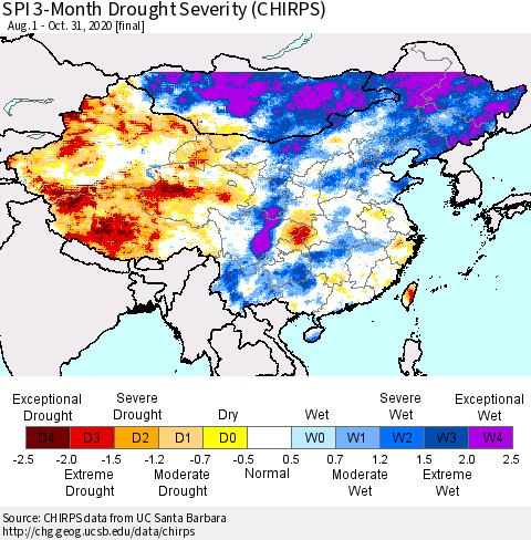 China, Mongolia and Taiwan SPI 3-Month Drought Severity (CHIRPS) Thematic Map For 8/1/2020 - 10/31/2020