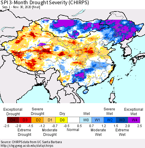 China, Mongolia and Taiwan SPI 3-Month Drought Severity (CHIRPS) Thematic Map For 9/1/2020 - 11/30/2020