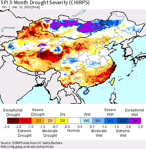 China, Mongolia and Taiwan SPI 3-Month Drought Severity (CHIRPS) Thematic Map For 10/1/2020 - 12/31/2020