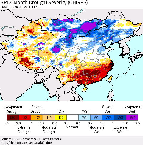 China, Mongolia and Taiwan SPI 3-Month Drought Severity (CHIRPS) Thematic Map For 11/1/2020 - 1/31/2021