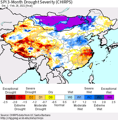 China, Mongolia and Taiwan SPI 3-Month Drought Severity (CHIRPS) Thematic Map For 12/1/2020 - 2/28/2021