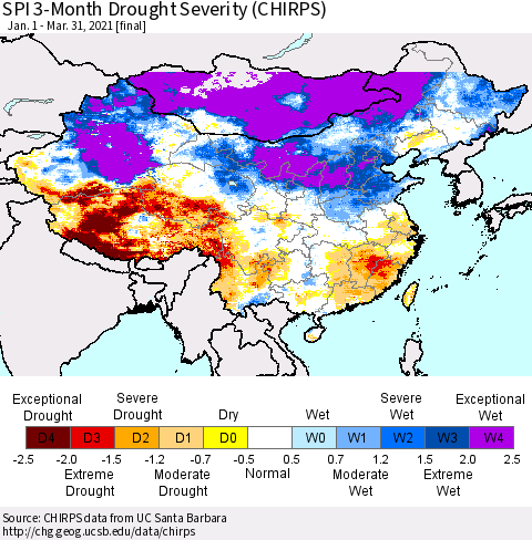China, Mongolia and Taiwan SPI 3-Month Drought Severity (CHIRPS) Thematic Map For 1/1/2021 - 3/31/2021
