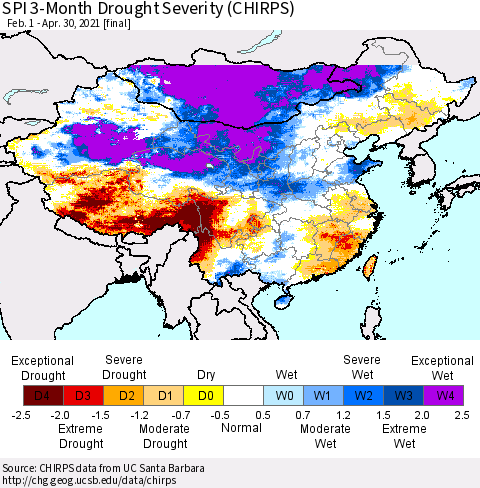 China, Mongolia and Taiwan SPI 3-Month Drought Severity (CHIRPS) Thematic Map For 2/1/2021 - 4/30/2021