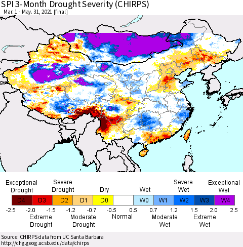 China, Mongolia and Taiwan SPI 3-Month Drought Severity (CHIRPS) Thematic Map For 3/1/2021 - 5/31/2021
