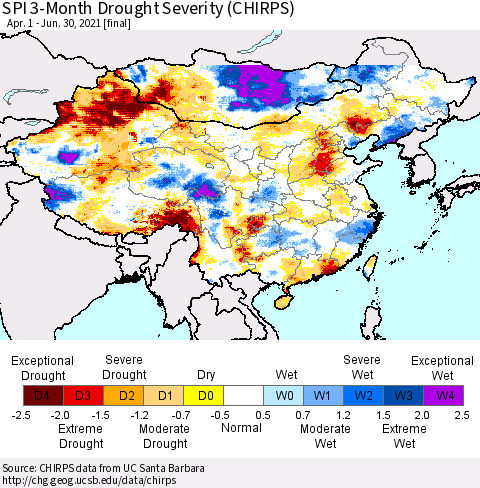 China, Mongolia and Taiwan SPI 3-Month Drought Severity (CHIRPS) Thematic Map For 4/1/2021 - 6/30/2021