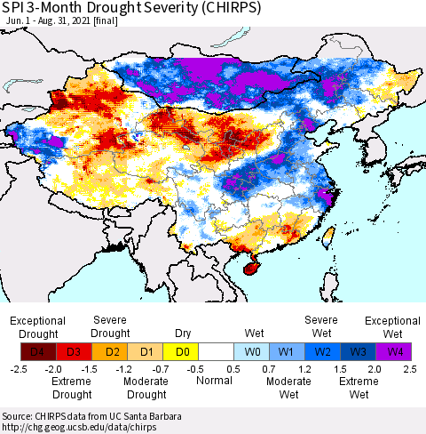 China, Mongolia and Taiwan SPI 3-Month Drought Severity (CHIRPS) Thematic Map For 6/1/2021 - 8/31/2021