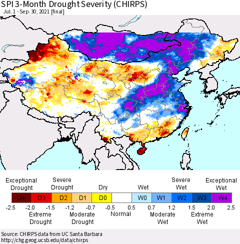 China, Mongolia and Taiwan SPI 3-Month Drought Severity (CHIRPS) Thematic Map For 7/1/2021 - 9/30/2021