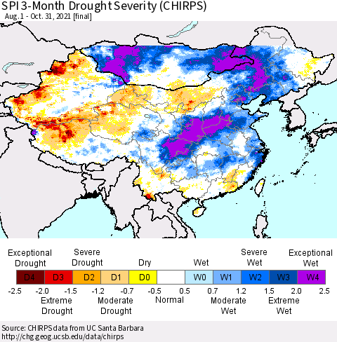 China, Mongolia and Taiwan SPI 3-Month Drought Severity (CHIRPS) Thematic Map For 8/1/2021 - 10/31/2021