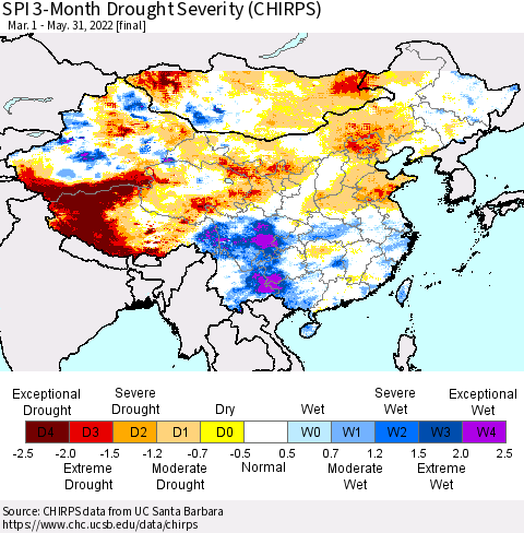 China, Mongolia and Taiwan SPI 3-Month Drought Severity (CHIRPS) Thematic Map For 3/1/2022 - 5/31/2022