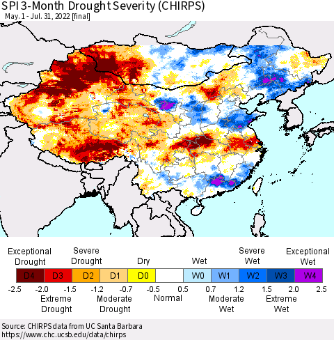 China, Mongolia and Taiwan SPI 3-Month Drought Severity (CHIRPS) Thematic Map For 5/1/2022 - 7/31/2022