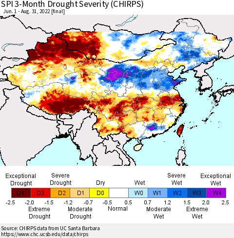 China, Mongolia and Taiwan SPI 3-Month Drought Severity (CHIRPS) Thematic Map For 6/1/2022 - 8/31/2022