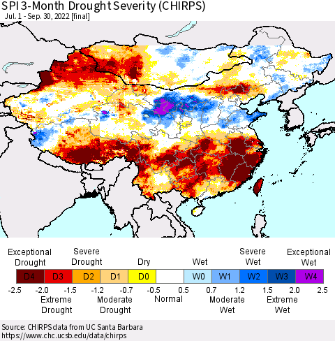 China, Mongolia and Taiwan SPI 3-Month Drought Severity (CHIRPS) Thematic Map For 7/1/2022 - 9/30/2022