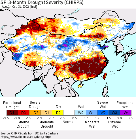 China, Mongolia and Taiwan SPI 3-Month Drought Severity (CHIRPS) Thematic Map For 8/1/2022 - 10/31/2022