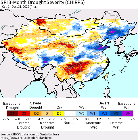 China, Mongolia and Taiwan SPI 3-Month Drought Severity (CHIRPS) Thematic Map For 10/1/2022 - 12/31/2022