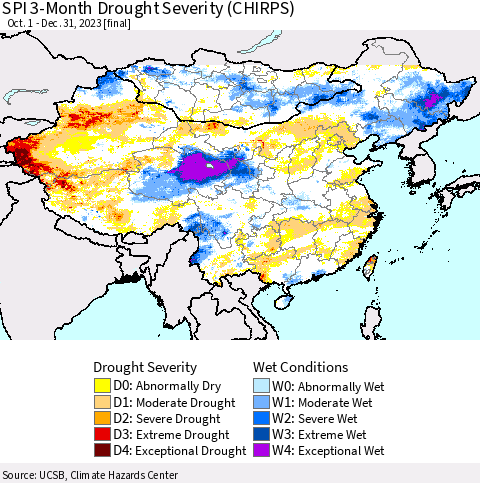 China, Mongolia and Taiwan SPI 3-Month Drought Severity (CHIRPS) Thematic Map For 10/1/2023 - 12/31/2023