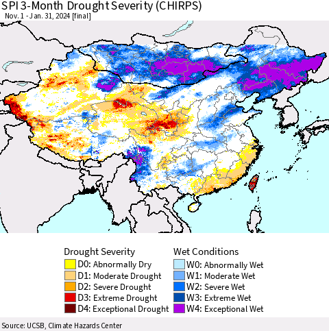 China, Mongolia and Taiwan SPI 3-Month Drought Severity (CHIRPS) Thematic Map For 11/1/2023 - 1/31/2024