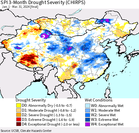 China, Mongolia and Taiwan SPI 3-Month Drought Severity (CHIRPS) Thematic Map For 1/1/2024 - 3/31/2024