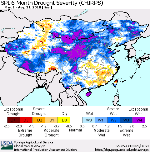 China, Mongolia and Taiwan SPI 6-Month Drought Severity (CHIRPS) Thematic Map For 3/1/2018 - 8/31/2018