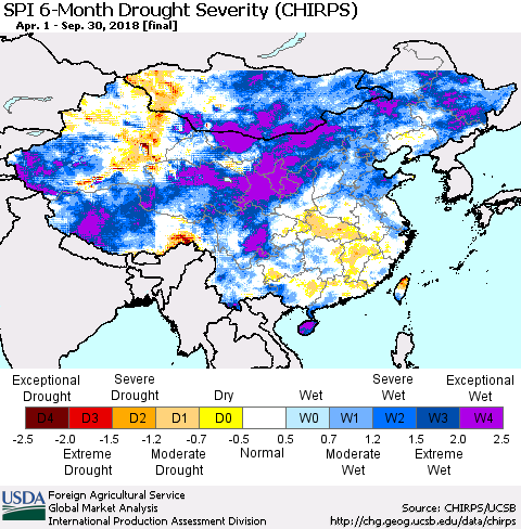 China, Mongolia and Taiwan SPI 6-Month Drought Severity (CHIRPS) Thematic Map For 4/1/2018 - 9/30/2018