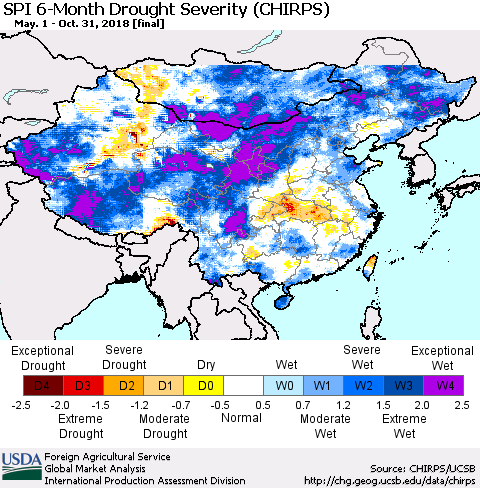 China, Mongolia and Taiwan SPI 6-Month Drought Severity (CHIRPS) Thematic Map For 5/1/2018 - 10/31/2018