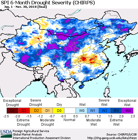 China, Mongolia and Taiwan SPI 6-Month Drought Severity (CHIRPS) Thematic Map For 6/1/2018 - 11/30/2018