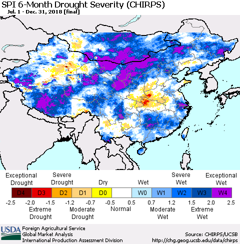 China, Mongolia and Taiwan SPI 6-Month Drought Severity (CHIRPS) Thematic Map For 7/1/2018 - 12/31/2018