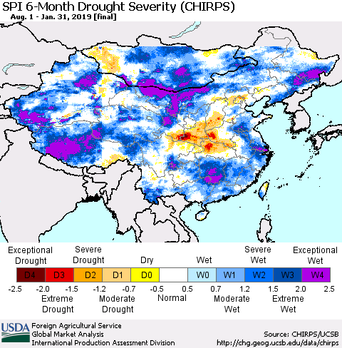 China, Mongolia and Taiwan SPI 6-Month Drought Severity (CHIRPS) Thematic Map For 8/1/2018 - 1/31/2019