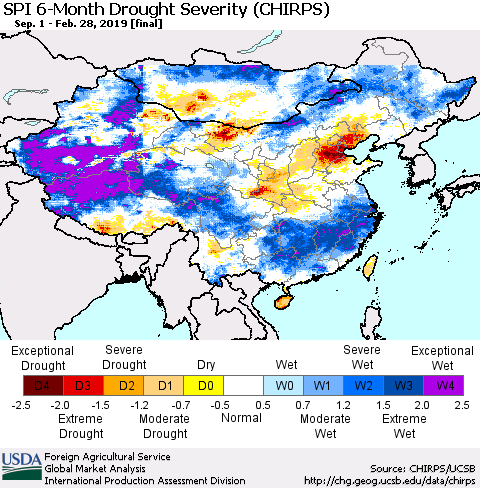 China and Taiwan SPI 6-Month Drought Severity (CHIRPS) Thematic Map For 9/1/2018 - 2/28/2019