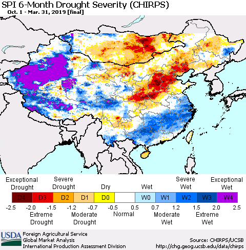 China and Taiwan SPI 6-Month Drought Severity (CHIRPS) Thematic Map For 10/1/2018 - 3/31/2019