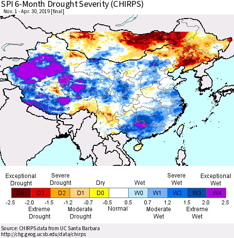China, Mongolia and Taiwan SPI 6-Month Drought Severity (CHIRPS) Thematic Map For 11/1/2018 - 4/30/2019