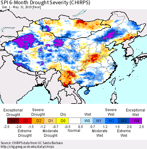 China and Taiwan SPI 6-Month Drought Severity (CHIRPS) Thematic Map For 12/1/2018 - 5/31/2019